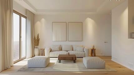 3D rendering of contemporary living room with minimalist furniture and artwork