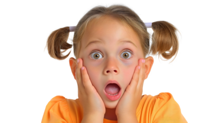 adorable girl with expressive eyes, shocked and delighted expression, experiencing playful surprise, vibrant summer outfit, fun and candid childhood moment full of joy