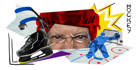 Artistic hockey collage with skates, goalie and abstract elements in bold colors. Energy of hockey in unique visual style. Contemporary art collage. Concept of sport, creative poster, game, creativity