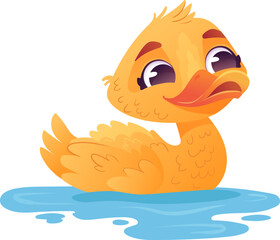 Cute Baby Duck, cartoon children character. Childish animal isolated on transparent background, vector Illustration.