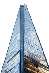 Glass skyscraper reflecting sky and clouds.