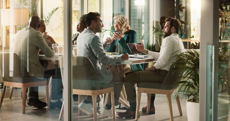 Group, people and talking at meeting in office for project, teamwork and investment banker. Staff,...