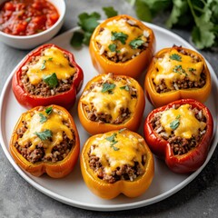 A plate of savory stuffed bell peppers with a filling of rice, ground beef, and cheese