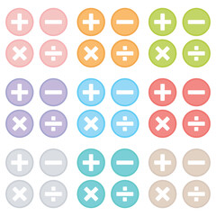 Plus, minus, multiply and divide mathematics symbols on a white background, used in educational materials, vector illustration.