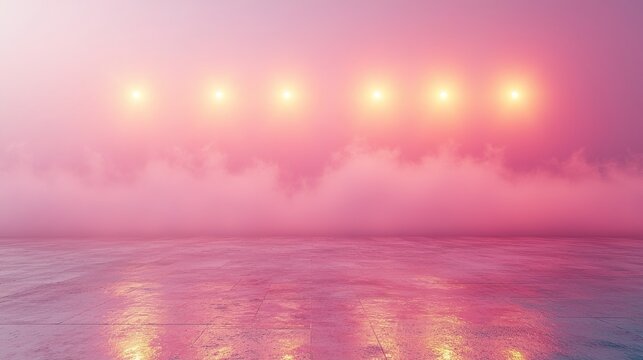 Sequential stadium lights pierce through pink evening mist, creating ethereal glow across the atmospheric sporting venue.