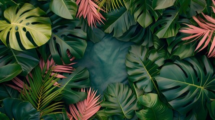 Tropical Leaves Illuminated with space and Notanical herbal exotic tropical plants herbs flowers botanical foliage background nature jungle lanfscape. Graphic Art