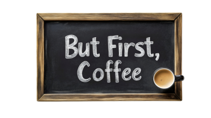 png of a chalkboard with a written quote about coffee and morning caffeine, featuring stylish typography and a motivating message, perfect for starting the day with energy and positivity