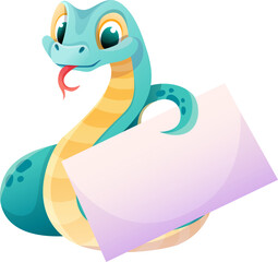 Fototapeta premium Cartoon snake character with cheerful expression, gifts, santa hat. Chinese 2025 New Year symbol. Cartoon vector illustration isolated on transperent background