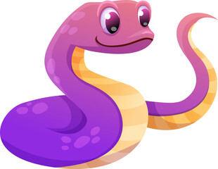 Cartoon snake character with cheerful expression, gifts, santa hat. Chinese 2025 New Year symbol. Cartoon vector illustration isolated on transperent background