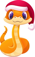 Cartoon snake character with cheerful expression, gifts, santa hat. Chinese 2025 New Year symbol. Cartoon vector illustration isolated on transperent background