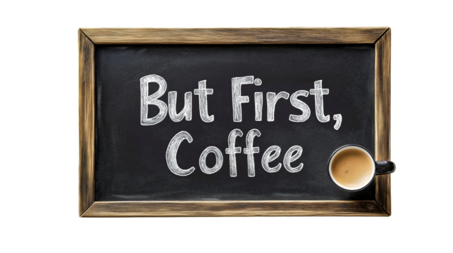 png of a chalkboard with a written quote about coffee and morning caffeine, featuring stylish typography and a motivating message, perfect for starting the day with energy and positivity