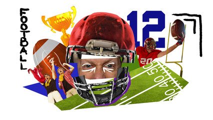Creative American football collage showing player in helmet, and fans, with energetic colors and abstract shapes. Contemporary art collage. Concept of sport, creative poster, game, creativity.