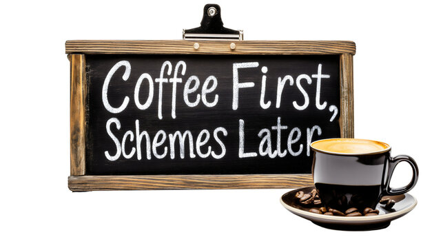 chalkboard sign with quirky coffee quote, cup of black coffee, and beans, perfect for kitchen decor, cafe style, or morning motivation in a cozy atmosphere