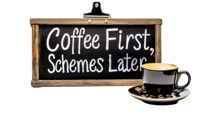 chalkboard sign with quirky coffee quote, cup of black coffee, and beans, perfect for kitchen decor, cafe style, or morning motivation in a cozy atmosphere - Powered by Adobe