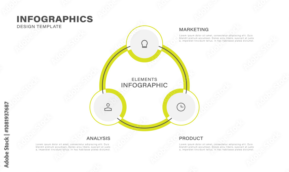 Poster circular scheme with three round white elements. concept of cyclic business process with 3 stages. m