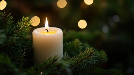 A Single Candle Burning Among Evergreen Branches