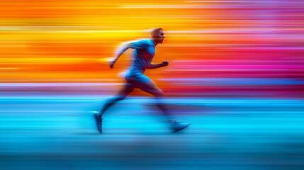 Motion-blur technique captures runner in vibrant orange and blue streaks, expressing speed and dynamism.