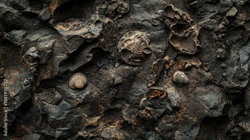Aufkleber fossilized sea shells embedded in dark rock surface