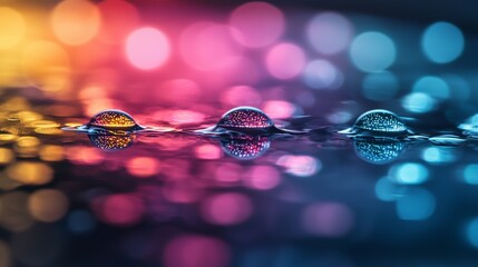 Macro photography captures stadium lights as colorful bokeh reflections in water droplets, creating magical abstract composition.