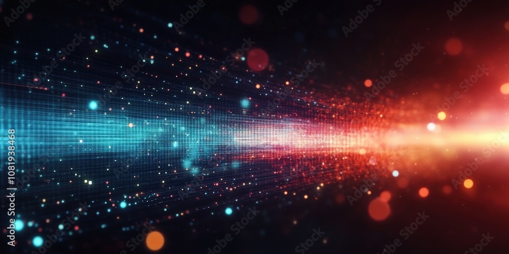 Poster vibrant digital light trails with colorful particles creating a dynamic motion effect in abstract ba