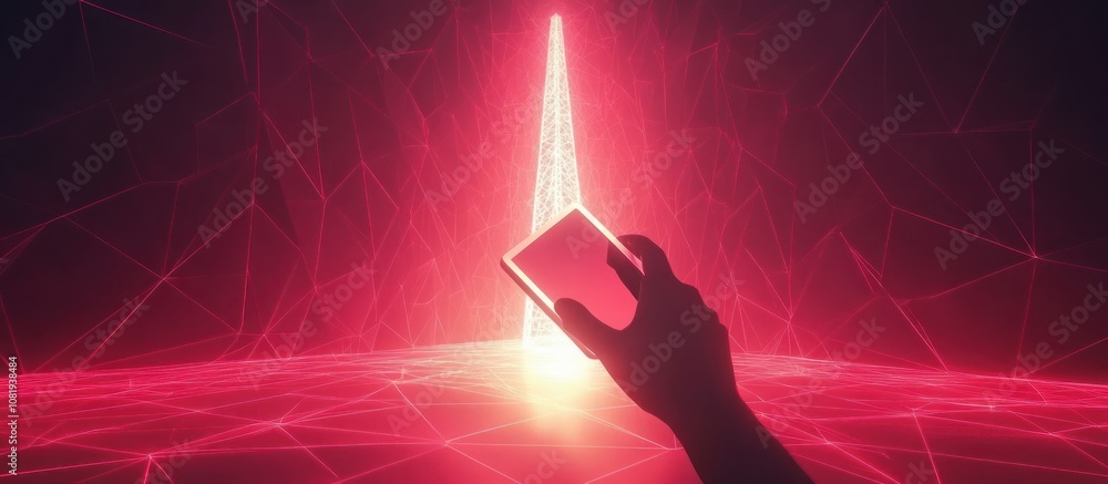Poster hand holding a smartphone in front of a glowing red light in a network of lines.