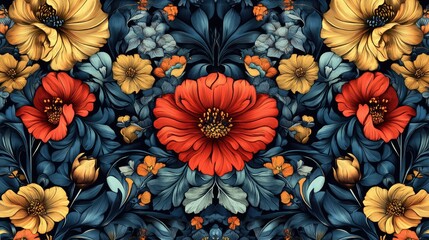 Vibrant floral pattern featuring red, yellow, and blue flowers against a dark background.
