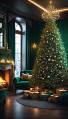 Fototapeta premium Living room decorated for Christmas with green theme Christmas tree, fireplace and sofa. Christmas image. Card design.緑色のテーマのクリスマスツリーと暖炉とソファーのあるクリスマスの飾りをしたリビングルーム。クリスマスのイメージ。カードデザイン。