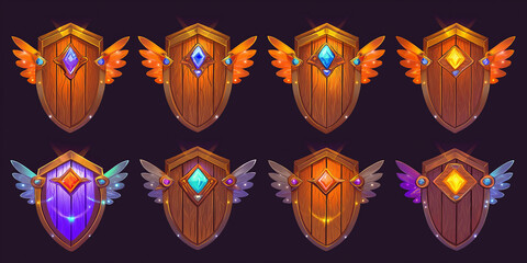 Eight wooden shields with wings and glowing gems.