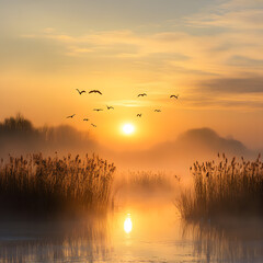 Obraz premium Serene Sunrise Over Misty Waters with Silhouetted Reeds and Birds in Flight, Creating a Calming and Peaceful Natural Landscape