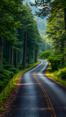 Relaxing tranquil nature scene with winding road in the middle of a lush green forest. Mountain road meandering through a forest with green foliage and creak stream. Beauty in nature landscape. Ai gen