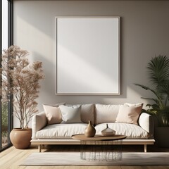 Frame mockup, Living room wall poster mockup. Interior mockup with house