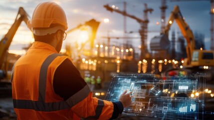 Autonomous construction equipment operating busy site digital monitoring urban environment professional perspective