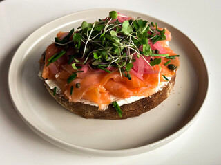 Fresh, tasty sandwich with salmon and fresh greens on a white plates 