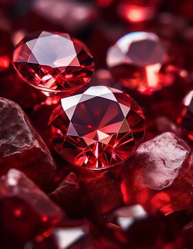 Close-up view of sparkling red rubies with intricate facets, emitting a warm and luxurious