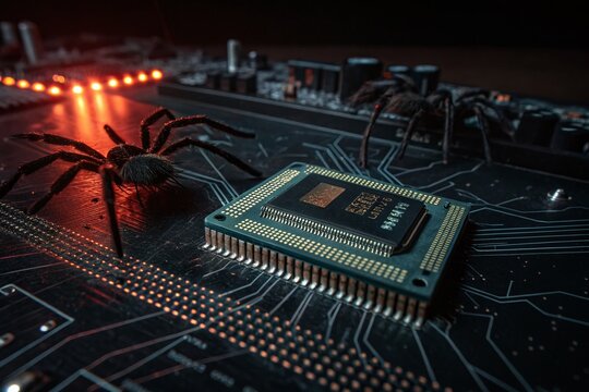 Sinister EPROM Chip Infestation: A Dark Matrix-Inspired Digital Web with Glowing Lines, Intricate Motherboard Details, and Eerie Spiderlike Malware Imagery