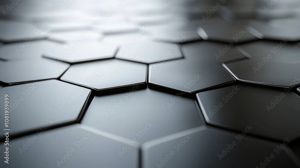 Poster Close-up View of Smooth Black Hexagonal Tiles Arranged in an Intricate Pattern, Ideal for Modern Design and Textures in Various Creative Projects and Backgrounds