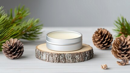 A tin of natural beard balm on a wooden surface, surrounded by pine cones and forest moss, in a minimalist style with a clean background. Product photography with high resolution, studio lighting,