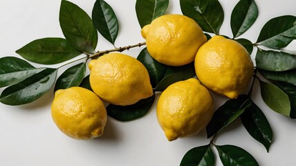 Freshly harvested lemons arranged with green leaves on a white surface showcasing vibrant colors and natural textures