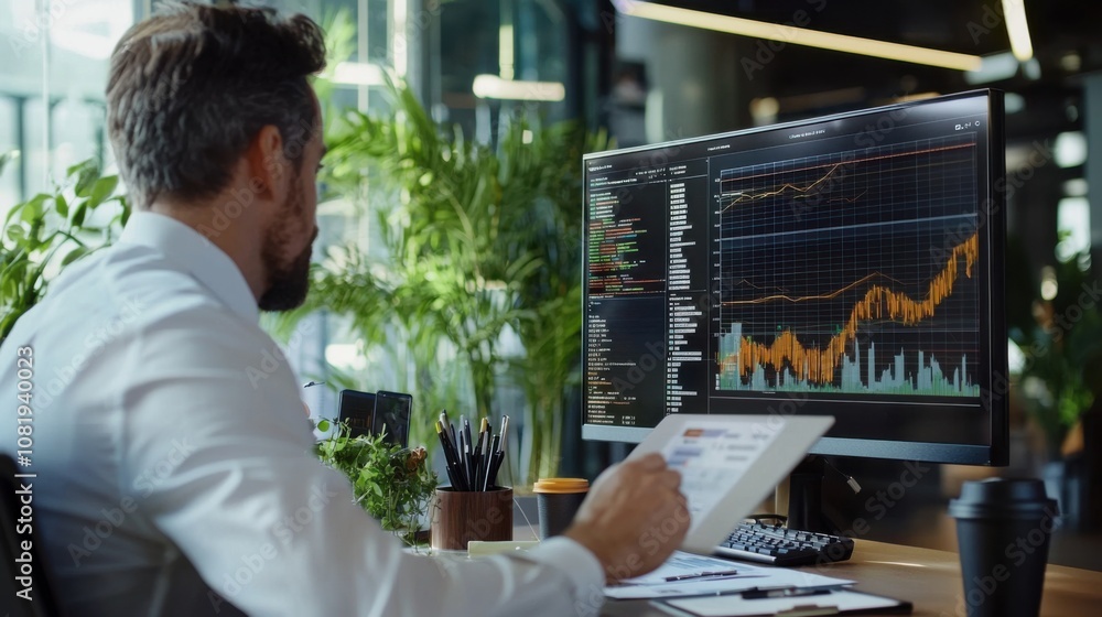 Poster analyzing efficient asset allocation strategies modern office digital workspace corporate environmen