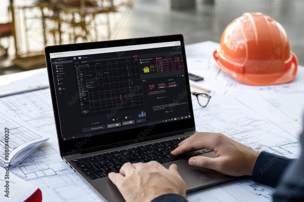 Aufkleber Construction worker analyzing project data office setting digital interface urban environment close-up technology insights