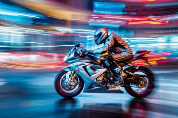 Obraz premium high-speed motorcycle ride through the neon-lit streets, capturing the thrill of movement with streaks of light and a rider in full gear