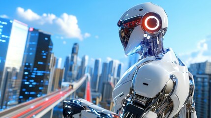 Futuristic robot interaction urban city digital art daytime close-up technology advancement