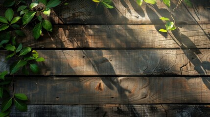 Rustic wooden plank texture with soft sunlight through leaves