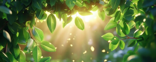 Sunlight filtering through emerald forest canopy nature scene realistic environment