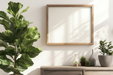 Wooden Frame Empty Space Poster Mockup Above Modern Sideboard with Plants, Neutral Tones, and Fiddle-Leaf Fig Tree