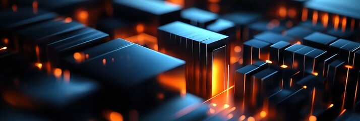 Abstract representation of digital technology with glowing orange highlights illuminating a dark composition of geometric shapes and structures in a futuristic environment