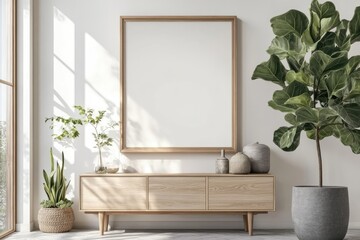 Wooden Frame Empty Space Poster Mockup Above Modern Sideboard with Plants, Neutral Tones, and Fiddle-Leaf Fig Tree