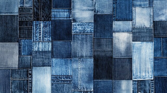 A vibrant patchwork of blue denim fabric showcasing various shades and textures, perfect for fashion or textile design.