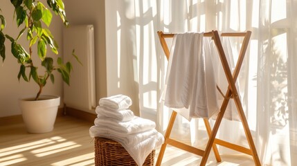 Fresh laundry drying in sunlit room cozy environment home comfort