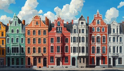 Fototapeta premium A colorful row of historic houses with ornate facades, set against a bright blue sky dotted with fluffy clouds.